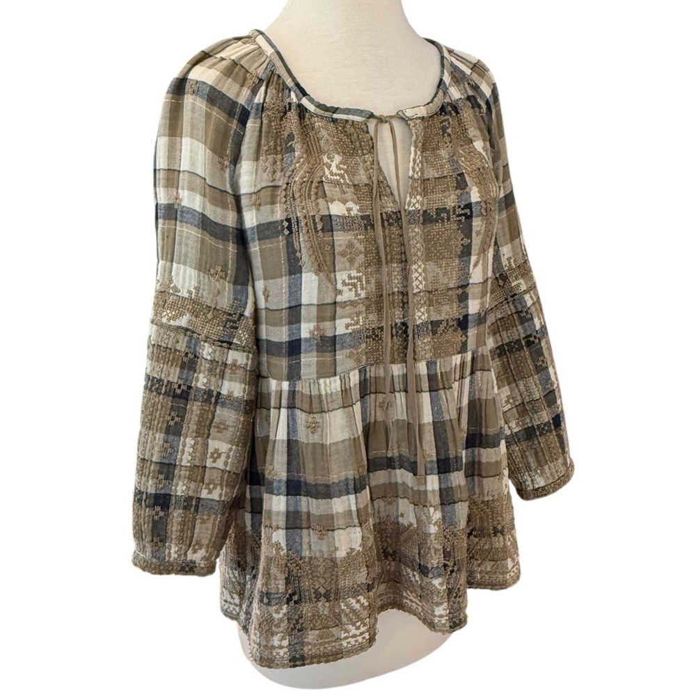 Johnny Was 3J Workshop Embroidered Plaid Tunic Blouse Boho Neutral Small - Picture 2 of 14